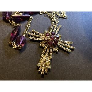 30in Dbl Layered Gold Tone Necklace Cross & Purple Lucite Beads